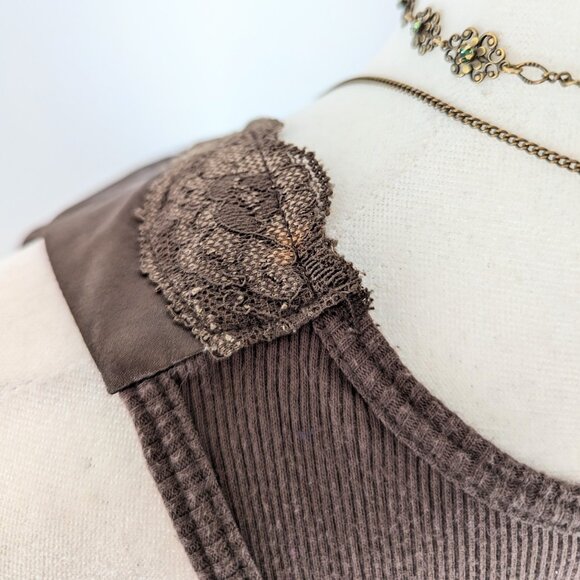 VTG 00s Y2K Brown Ribbed Knit Satin Bust Crisscross Lace Trim Babydoll Tank Top - Picture 5 of 6